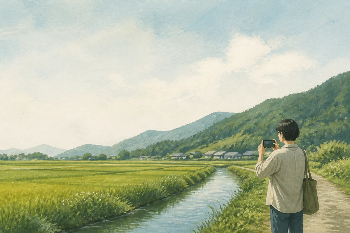 田畑と水路のある地域の風景をスマートフォンで記録する人