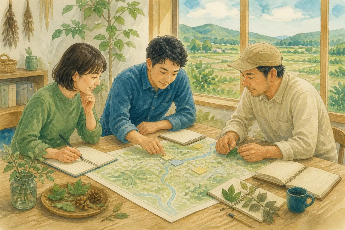地域で人々が記録を手渡しながら作業する様子