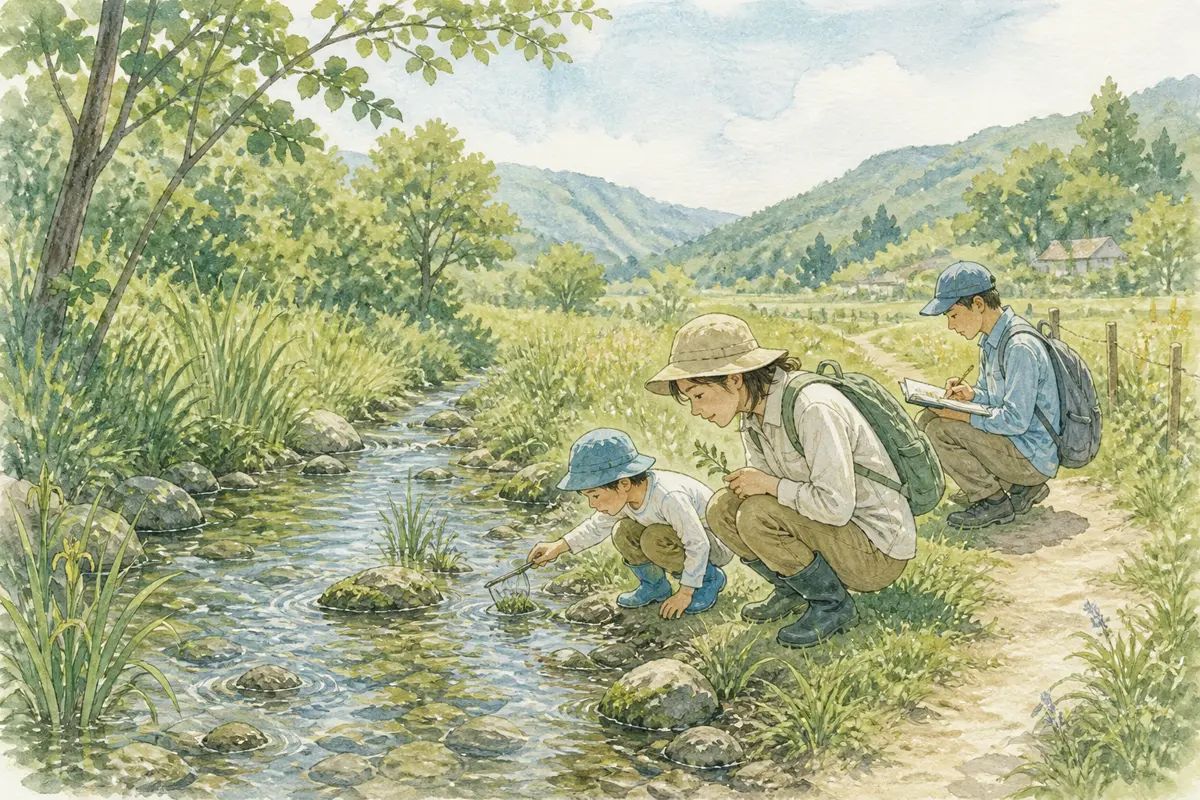 里山の水辺で自然を観察し記録する人々