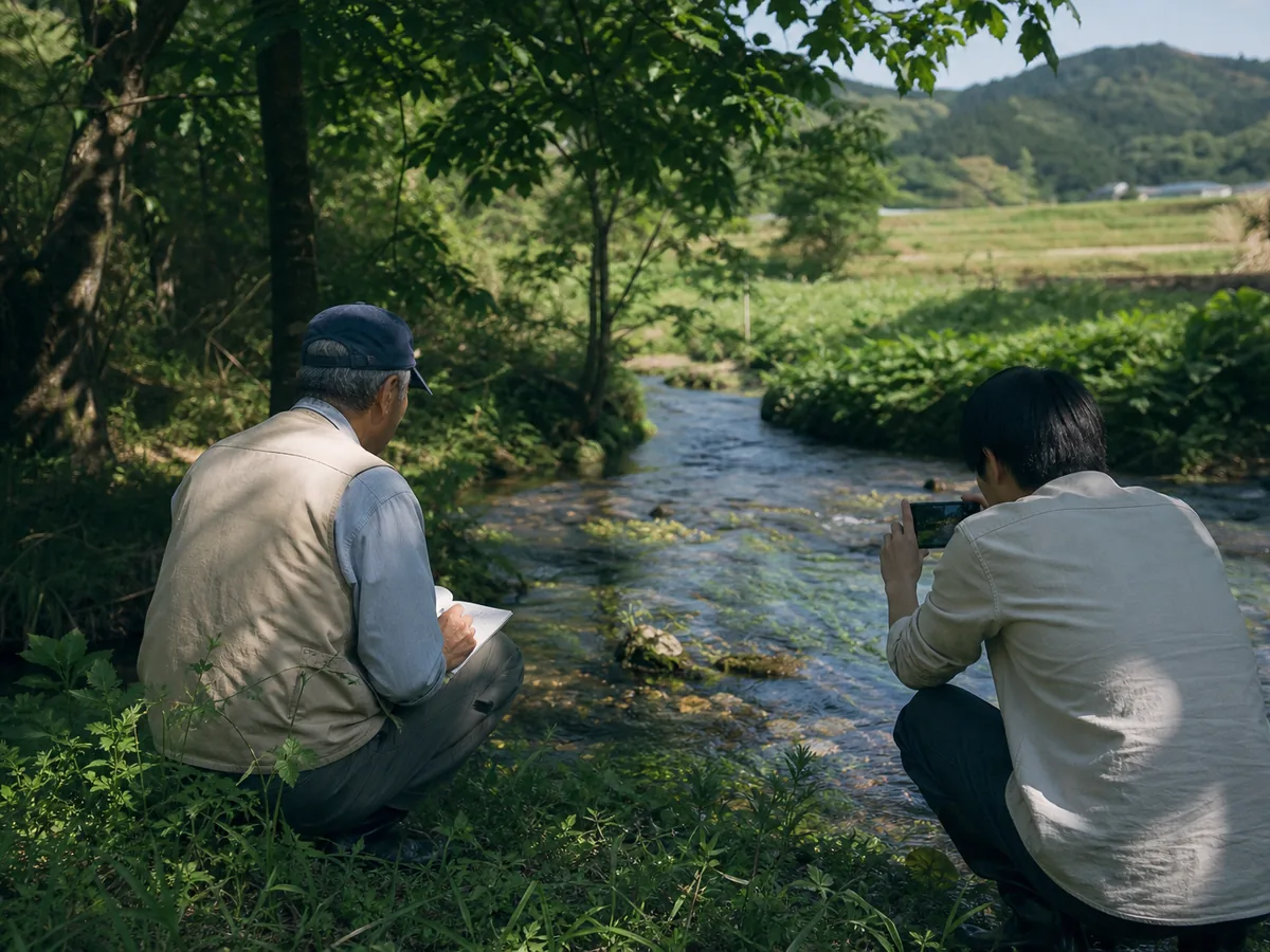 People observing nature beside a rural stream